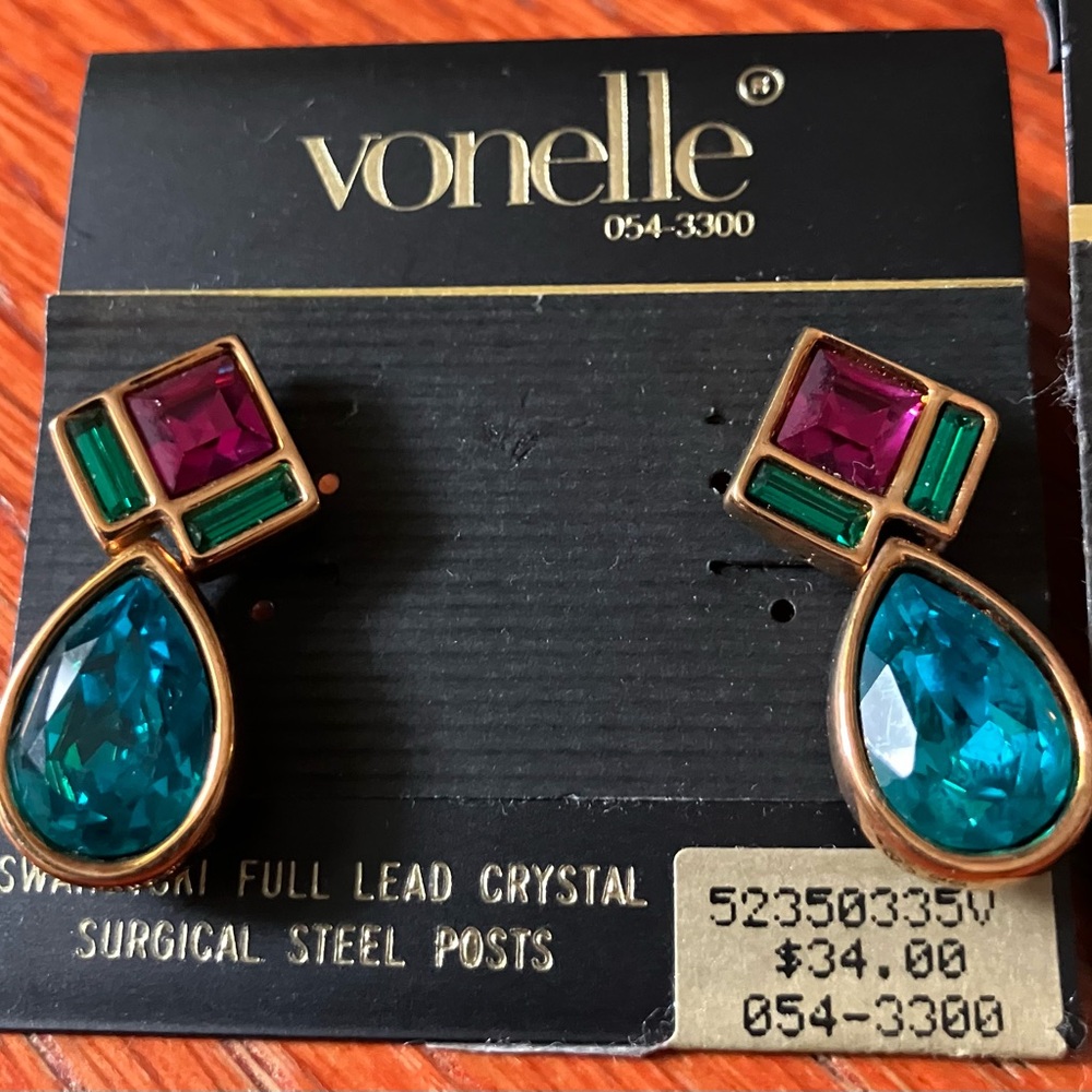 NWT Vonelle Multicolor Swarovski Crystal Earrings Bundle of 3 Vintage 80's - Picture 3 of 5